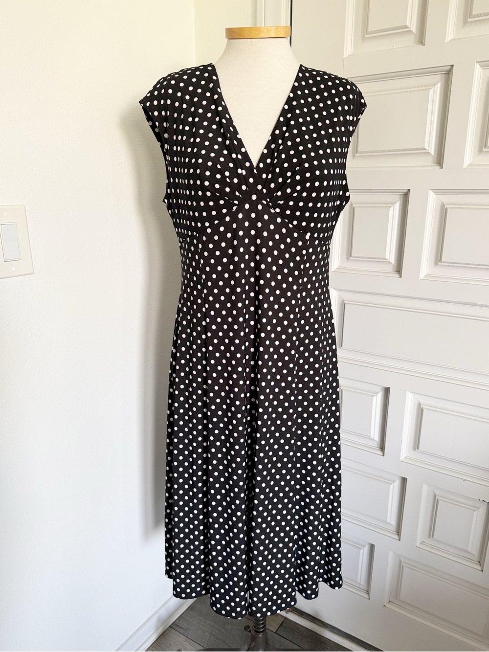 Chaps Black White Polka Dot Midi Dress V-Neck Classic Size Large